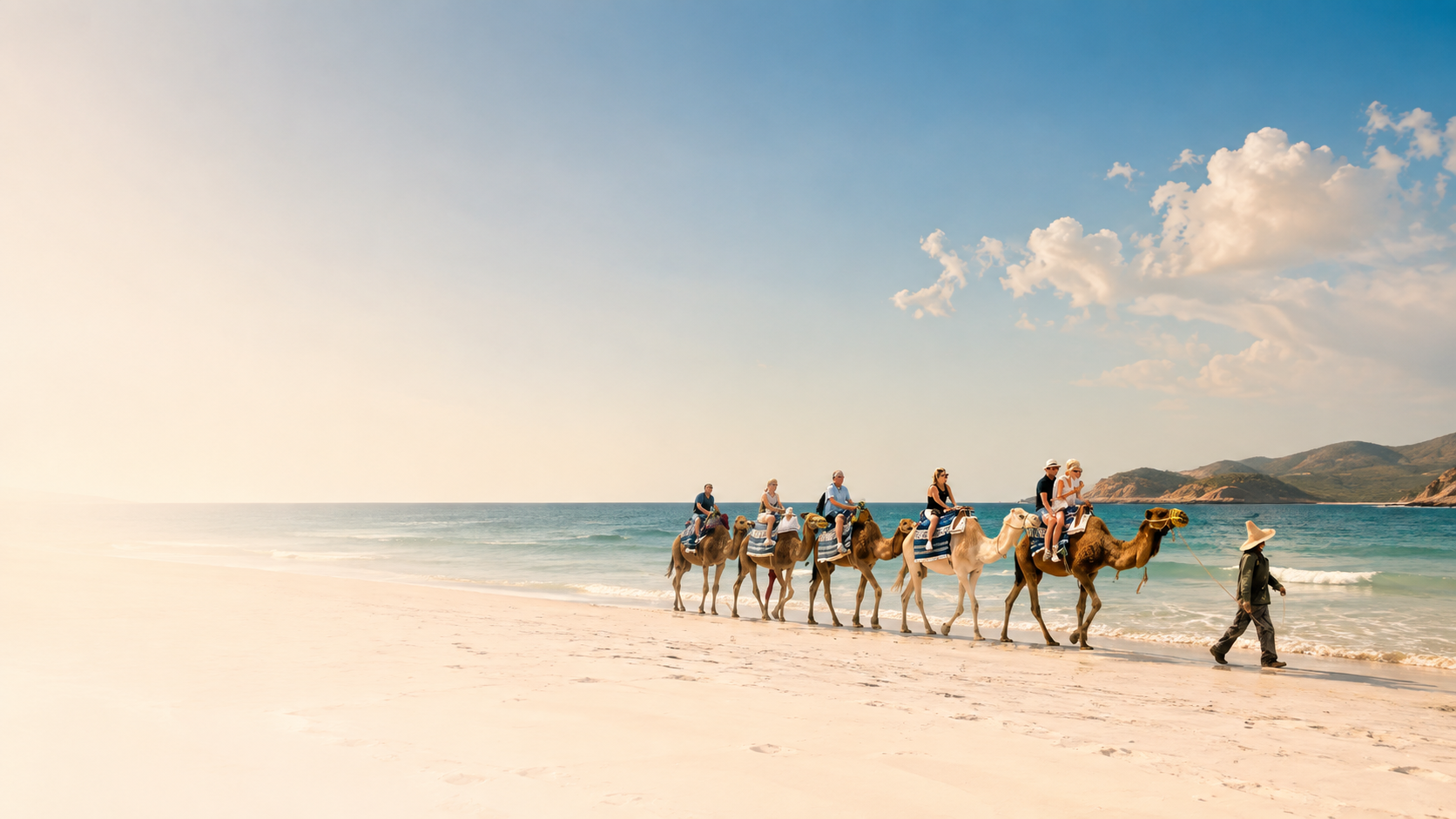 A caravan of camels and their riders walking along the shoreline on Kelibia beach